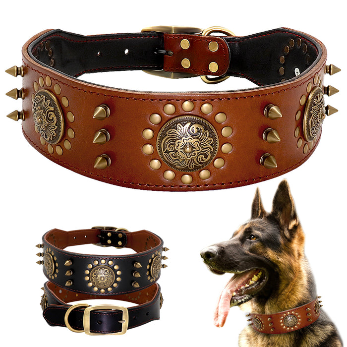 Premium Leather Studded Dog Collar for Large Breeds